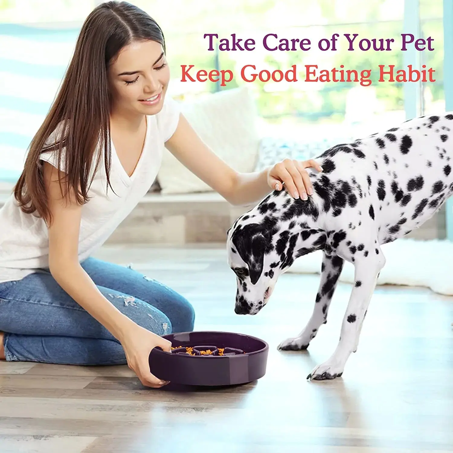 Purple Ceramic Slow Pet Food Water Dog Feeder Bowl Interactive Anti