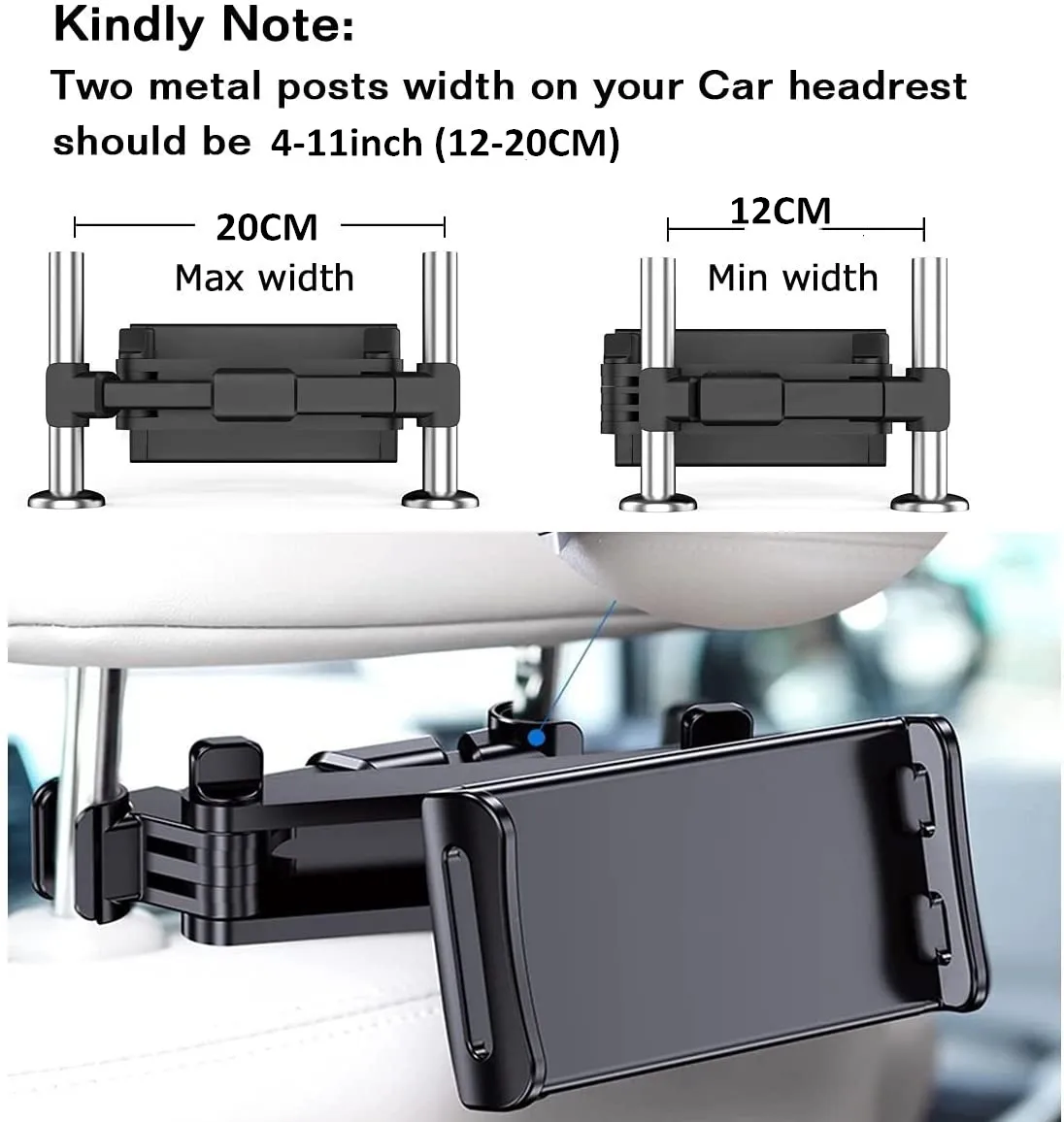 Width 4~11 in Simr Car Phone Backseat Tablet Mount for 4.7~13 iPhone 12 pro Xr Xs 11 6 7 8 X Plus iPad Air Mini Kindle Fire HD Car Headrest Tablet Holder Black 
