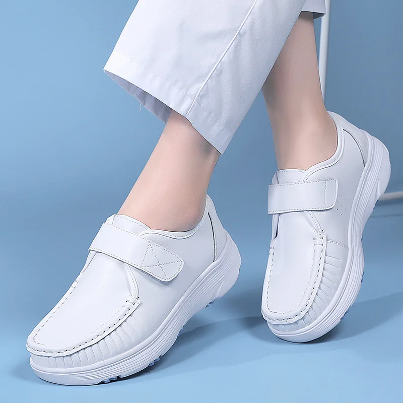 Comfortable Genuine Leather Nurse Shoes with Soft Soles and Breathable Velcro Fastening for Hospital&Home&Private Clinic