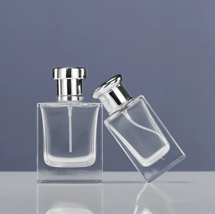 Hot Sale 30ml 50ml Square Glass Perfume Bottle Customized Empty with Pump Sprayer for Serum Packaging