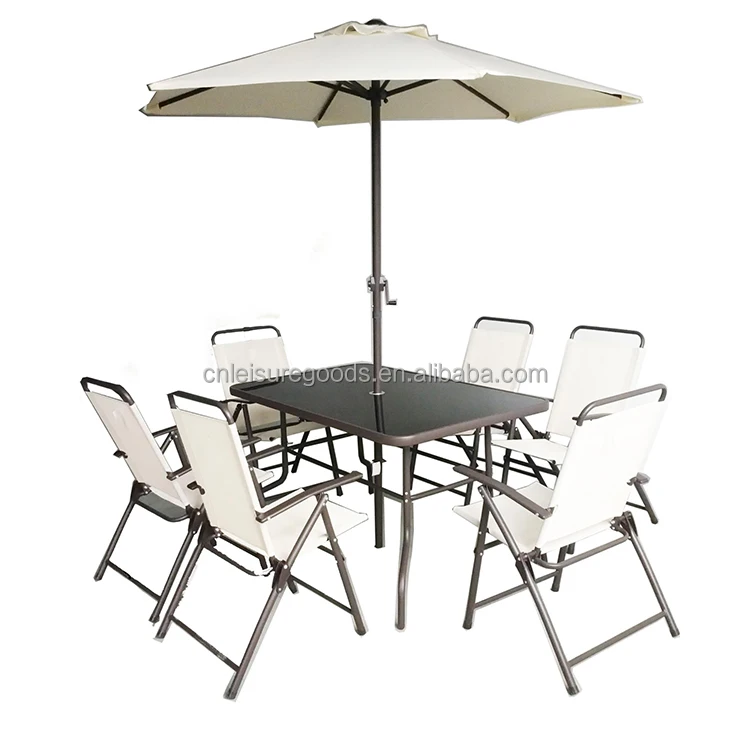 Uplion 6 seats folding steel outdoor garden furniture set patio dining table and chair with umbrella set