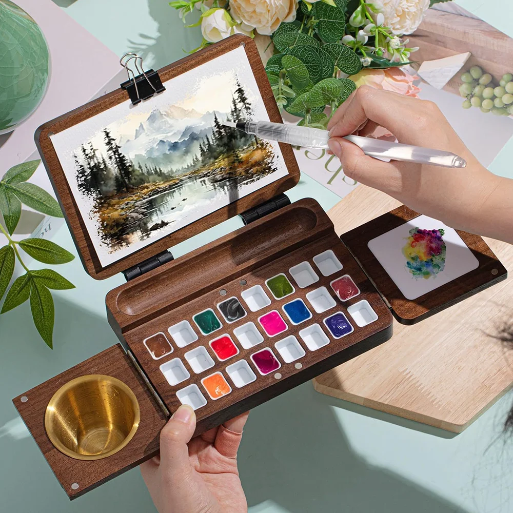 Portable 24-Color Wooden Watercolor Box Set