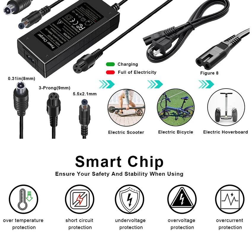 Caricatore Monopattino elettrico, 42V 2A Caricatore Hoverboard, 36V Caricabatteria per Bici Scooter Xiaomi