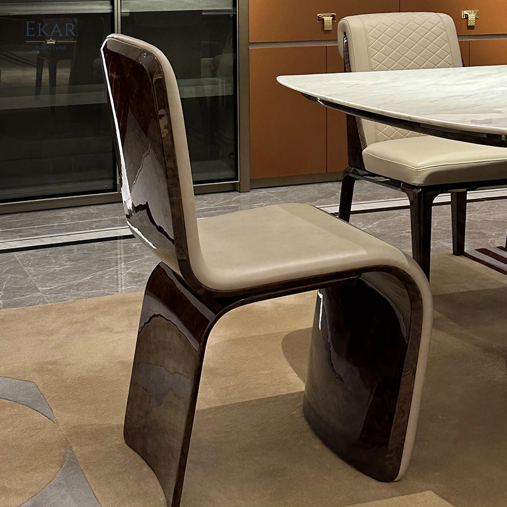 Curved Back Dining Chair with Metal Logo Plate - Sophisticated Dining Elegance details