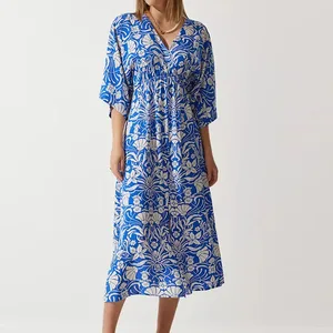 Lady Summer Elbow-length Sleeve Midi Dress With Wrap Vintage Floral Viscose Elegant Slim Casual Women's Dress