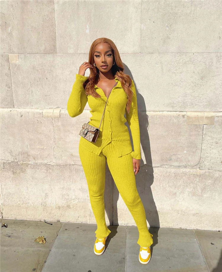 Fashion New Solid Color Two Piece Set For Women Long Sleeve Tracksuits 2 Piece Set Rib Women Two Piece Set