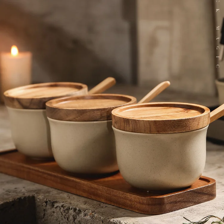 Кухонная фарфоровая банка для специй в японском стиле керамическая соли и перца с крышкой из бамбукового дерева ложкой