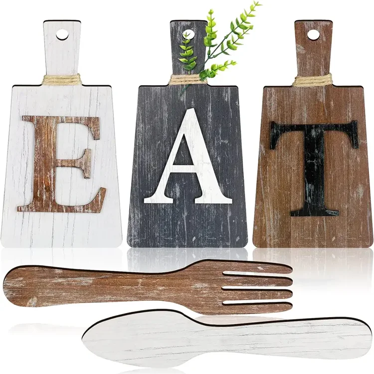 Cutting Board Eat Sign Set Hanging Art Kitchen Eat Sign Fork and Spoon Wall Decor Rustic Country Farmhouse Kitchen Decor