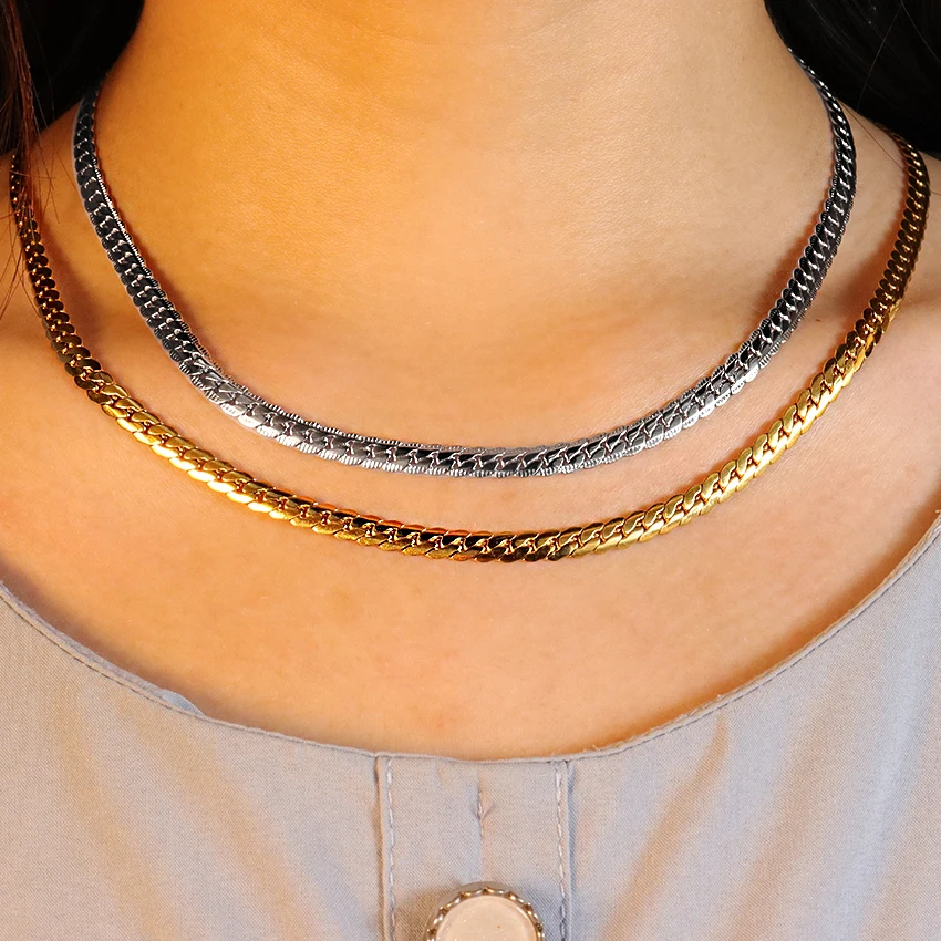 New Trendy Wide Silver Herringbone Chain Necklace Bracelet Set