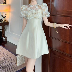 ZYHT 21347 Women's Birthday 3D Flower Stones Wedding Evening Satin Empire Waist Short Dress Elegant Party Dress for Women