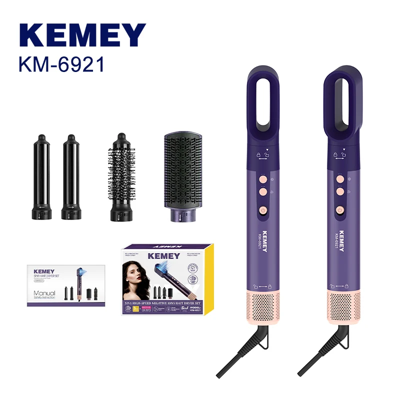 Séchoir à cheveux professionnel KEMEI KM-6921 Max Pro Lady, 5 en 1, puissance 1300 W, moteur sans balais, 110 000 tr/min, 5 buses interchangeables, fournisseur agréé