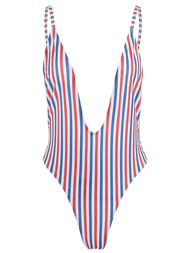 2023 Customized Logo One Piece Sexy Deep V Neck Stripe Color Swimsuit