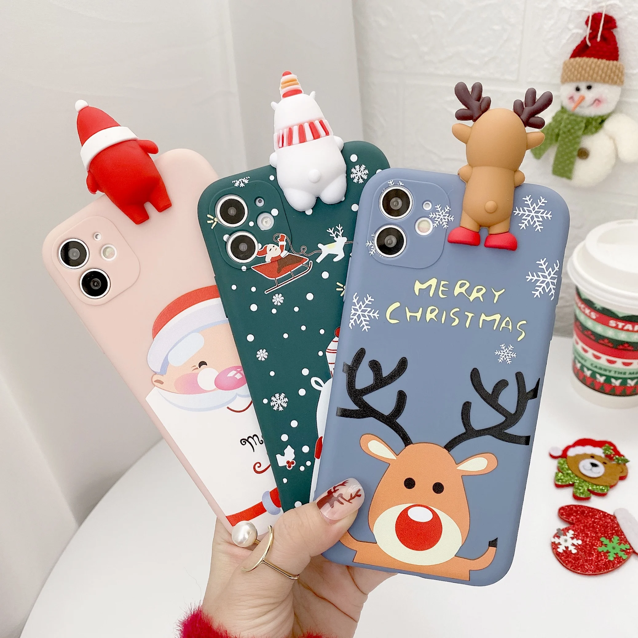 Merry Christmas Gifts Cartoon Top Toy Snowman Santa Deer Elk TPU Phone Case for iPhone 13/12//11/X/XR/XS MAX