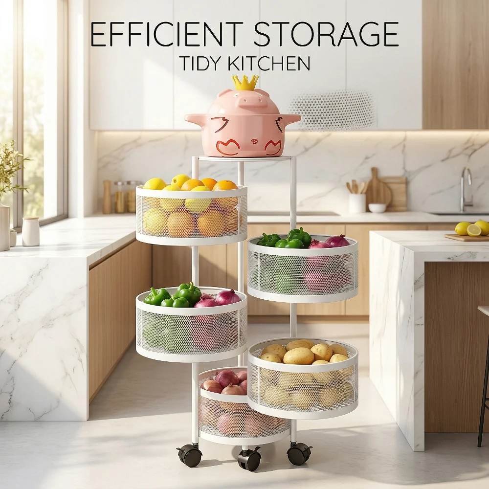 Rotating Steel 4-Tier Durable Shelf Round Trolley Vegetable Fruit Cart Multifunctional Kitchen Storage Rack