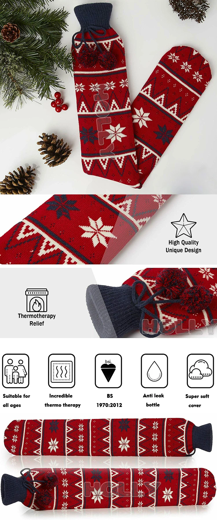 hot selling high quality long hot water bottle rubber british standard with knitted cover neck travel pillow