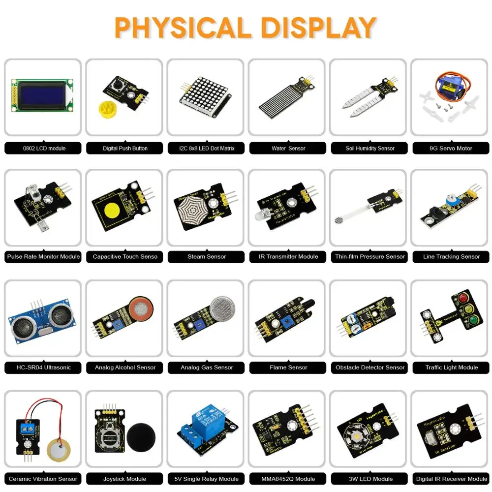 Keyestudio 48 in 1 Sensor Starter Kit With Gift Box Electronic Component Kit for Arduino DIY Projects (48pcs Sensors)