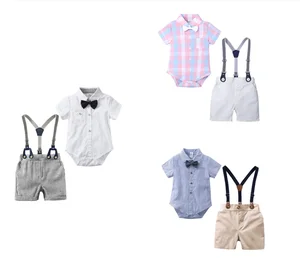 2021 Gentleman Dress Plaid Dot Tie Bow Short Sleeve Pocket Jumpsuit Shorts Four Pieces Suit Boys Clothing Sets for Summer