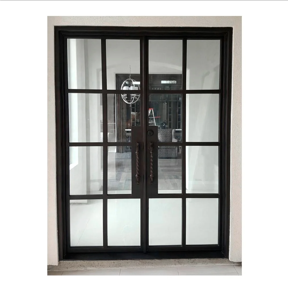 Iron windows and Doors Black Frame Steel Tube Tempered Glass French Doors with Grids Design