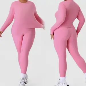 Plus Size 4XL Pink Activewear Yoga Sets Women 2Pieces Yoga Sports Top Leggings Gym Fitness Clothes Long Sleeve Workout Wear
