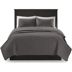 China Wholesale 3 Piece Solid Microfiber Bed Cover Gray Quilted King Embroidered Bedspread