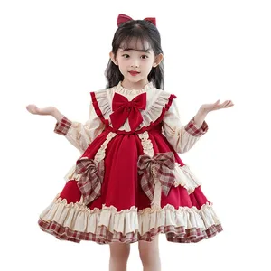 Cross-border Hot Selling Girls Stylishly Lolita Princess Plaid Crocheted Long Sleeve Dress Wholesale