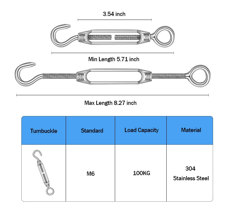 M6 Wire Cable Tensioner Stainless Steel Open Body Hook Eye Turnbuckle ...