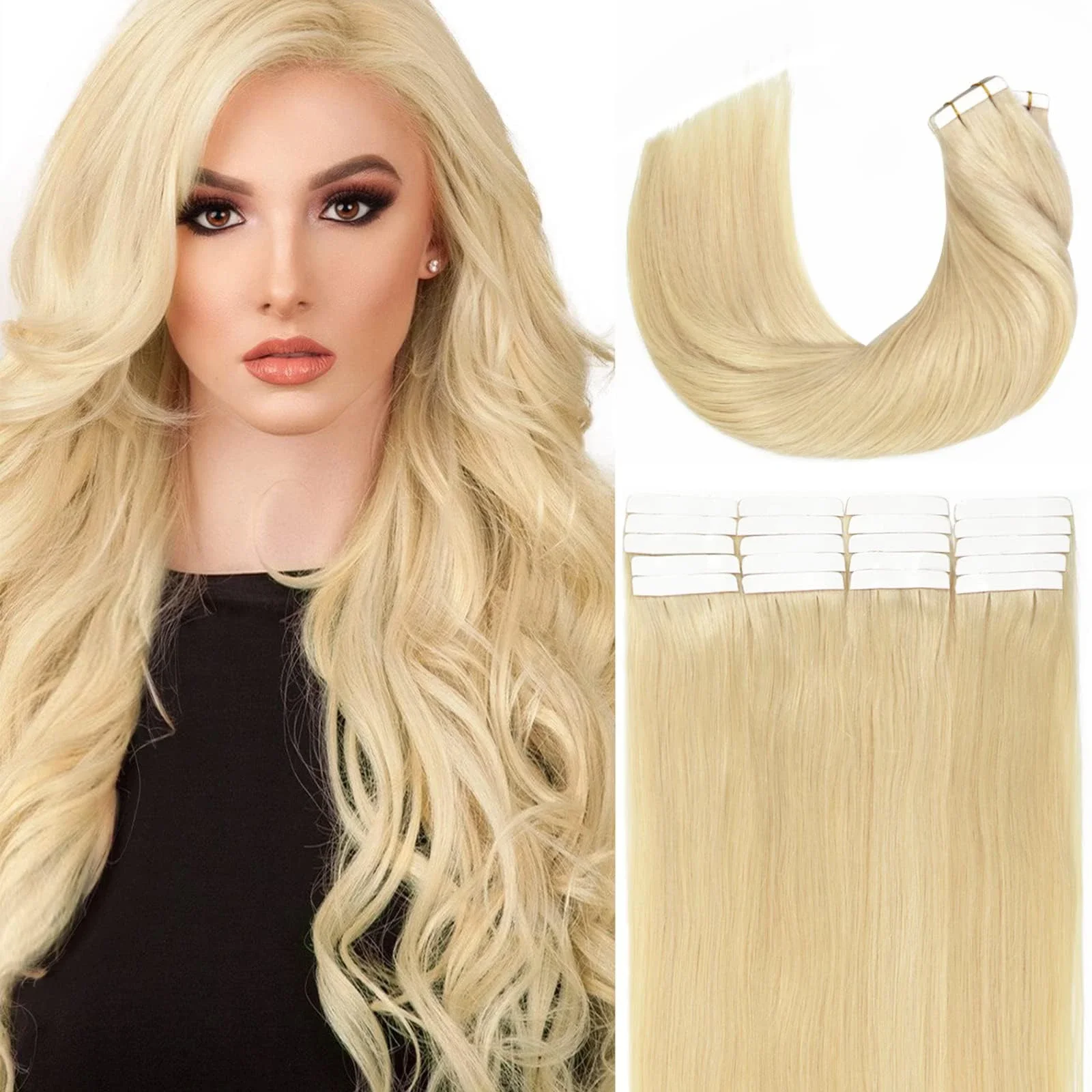 Extensii de păr cu bandă adezivă, blond 613, păr uman Remy, fără sudură, 20 buc._voghion.com