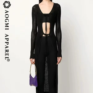 Haute Couture Luxury Tea-Length V-neck Ladies L Front Hollow Lace Chiffon Fabric Fashion Comfort