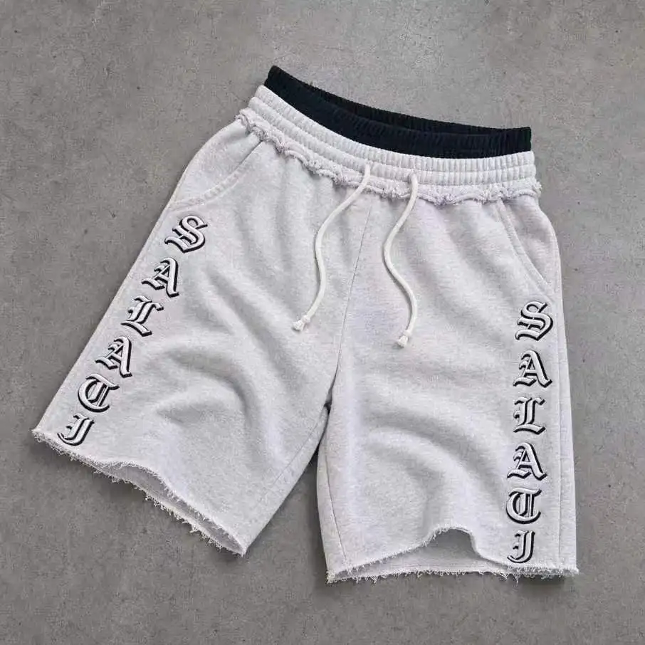 Wholesale Washed Cotton Terry Drawstring Shorts Raw Hem Baggy Streetwear Summer Embroidered Letter Fashion Men Sweat Shorts gallery 6