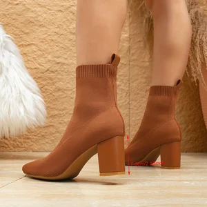 New Design Customizable Ladies High Heels Tall Boots Fly Knit Upper Ladies Casual Tall Boots Fly Knit Upper