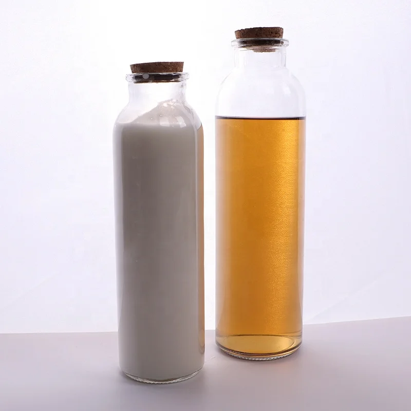 Cork Cap Cylinder Shaped clear Empty Storage Container 300ml Orange Juice Glass Bottle