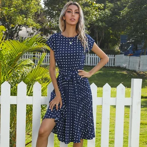 Vestidos Manufacturer Ladies Wear Midi Dresses Women Summer Chiffon Pleated Polka Dot Casual Dresses