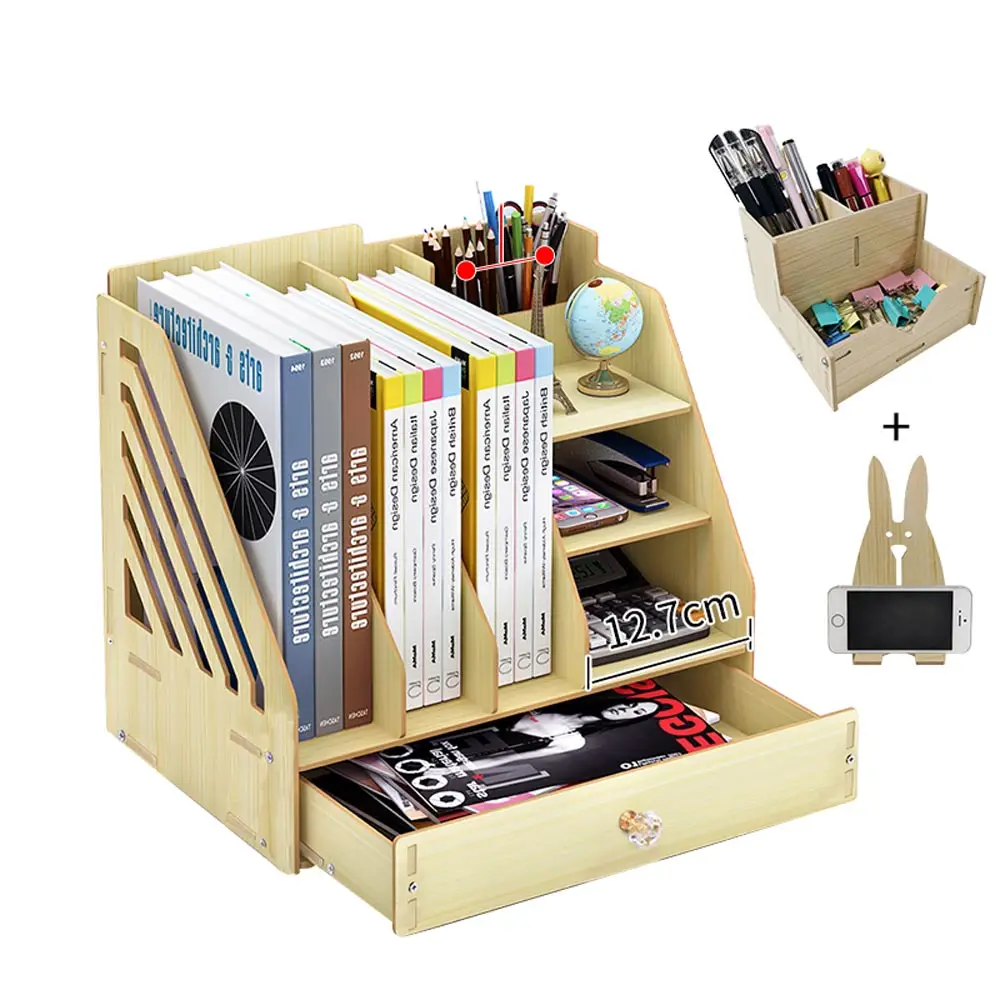 Wooden Desktop Organizer With Drawer - Desk File Holder, Pen Storage, Tissue Box Shelf For Office, Home Desk (Natural Wood Finish) Organizer Box