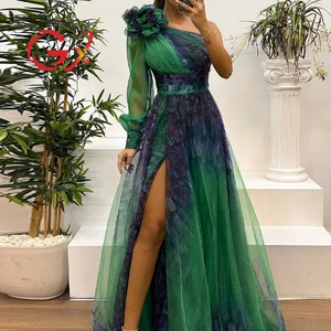 GX328 Fashion Spring Sexy Split Maxi Dresses Single Long Sleeve Irregular Styles Printed Party Evening Dress