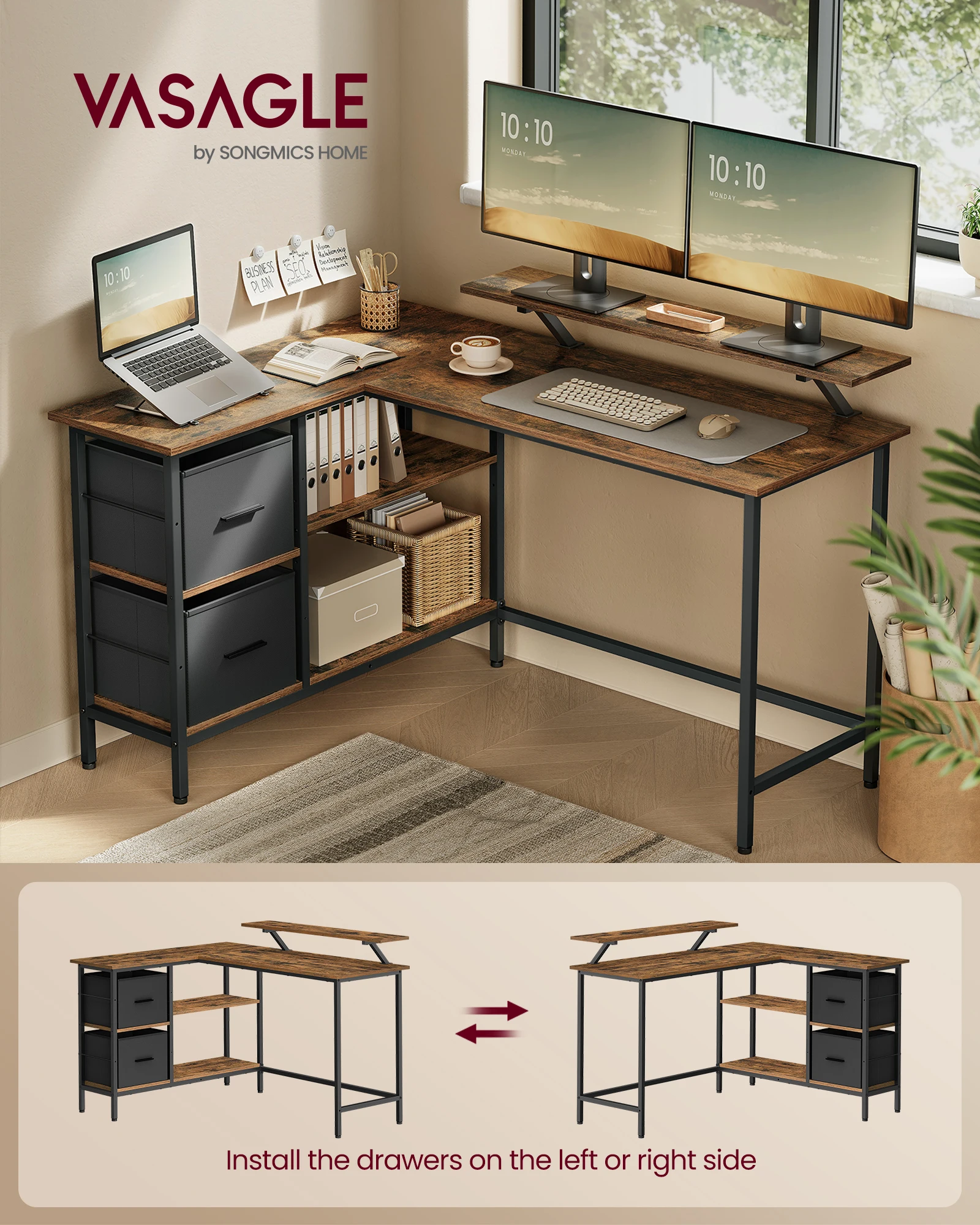 VASAGLE L Shaped Gaming Desk  with 2 Drawers Computer Desk with Power Outlet Monitor Stand
