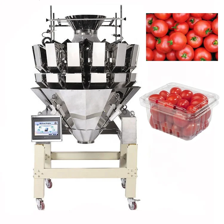 Automatic 10/14 Heads Weigher Scale Cherry Tomatoes Clamshell Punnet Tray Weighing Multihead Weigher for Packaging Machine
