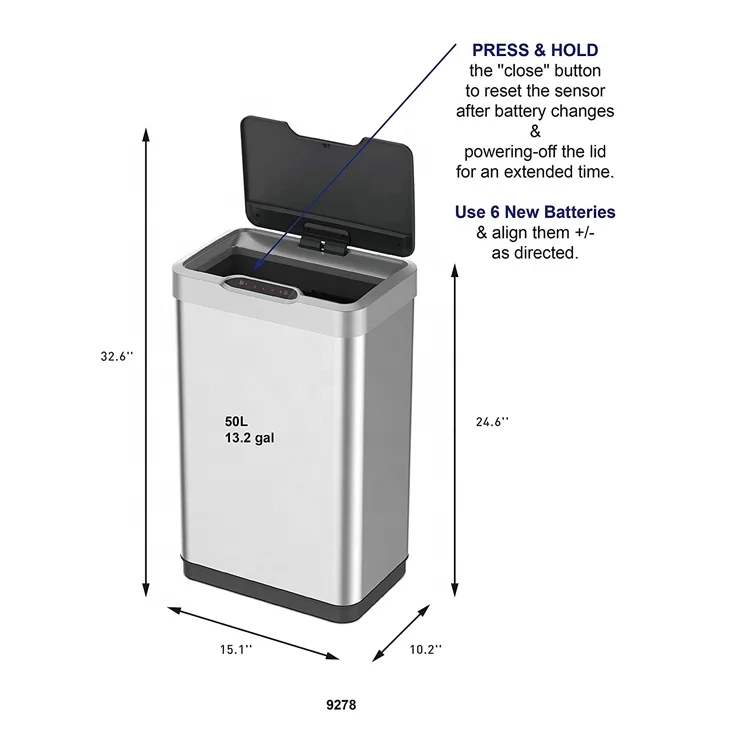 Eko Mirage-T 50 Liter / 13.2 Gallon Rectangular Motion Sensor Trash Can Brushed Stainless Steel Finish