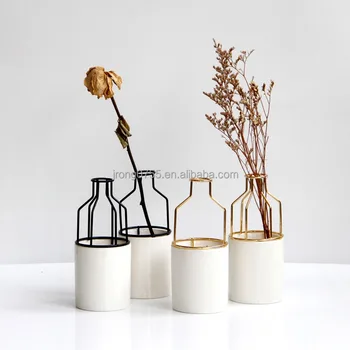 Modern Scandinavian Minimalist Ceramic Metal Vase Gold Iron Art Hydroponic Planter for Home Decor Tabletop Interior Diwali