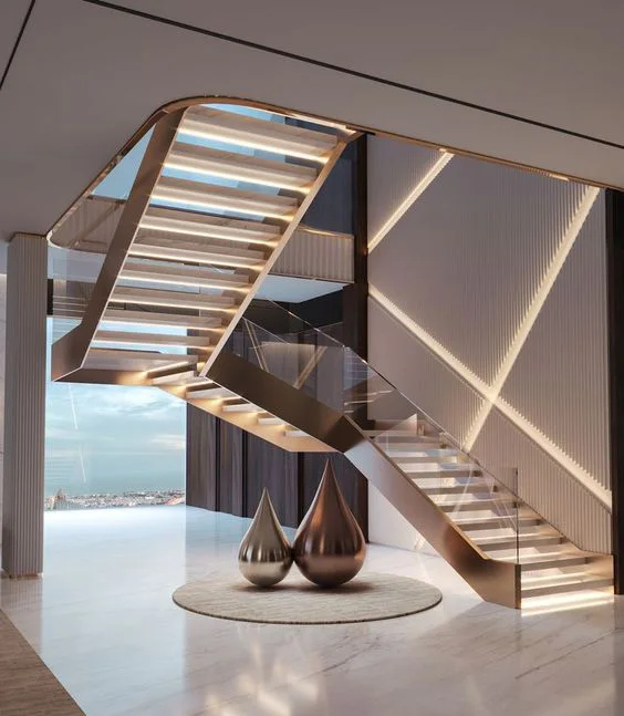 Изготовленный на заказ натуральный мрамор плавающая Прямая Лестница Современный внутренний светодиодный свет для лестничных ступеней дизайн