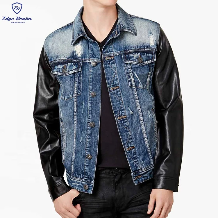 Faux Leather Denim Jacket With Leather Sleeves EDGE DENIM Custom