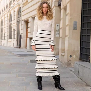 2024 Ruffled Striped Knit Maxi Dress Female Elegant See-Through Patchwork Fashion Luxury Party Dress Knitwear Women Long Dress