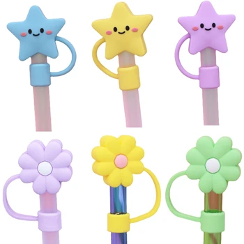 Dust Proof Plugs10mm Reusable Drinking Straw Tips Flower Cover Cute Cups Shape Cartoon Silicone Straw Toppers for Tumbler