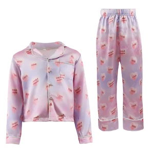 Customizable Girls Heart Pattern Pajama Set Pink Soft Kids Turn Down Collar Sleepwear Knitted Loungewear