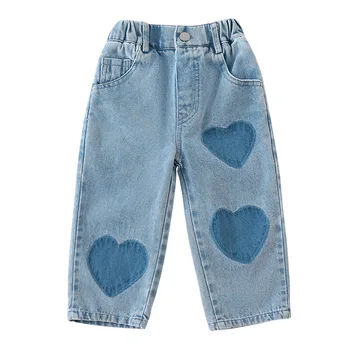 Children's soft jeans love boys and girls casual pants 2024 New Spring Autumn wear baby straight-leg trousers trendy