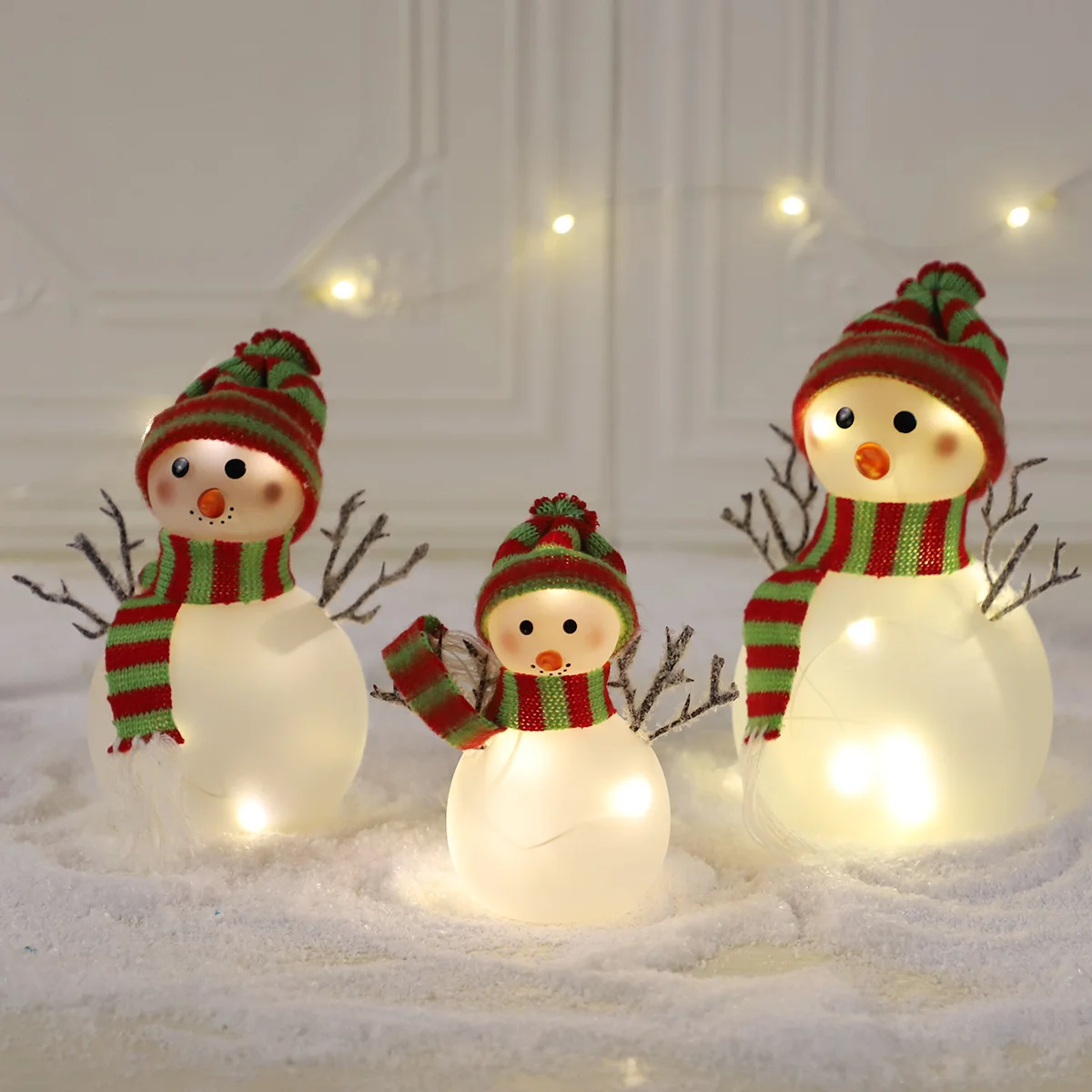 Small led light pre-lit up sliver glass christmas xmas snowman figurine decoration ornaments for christmas new year home decor details