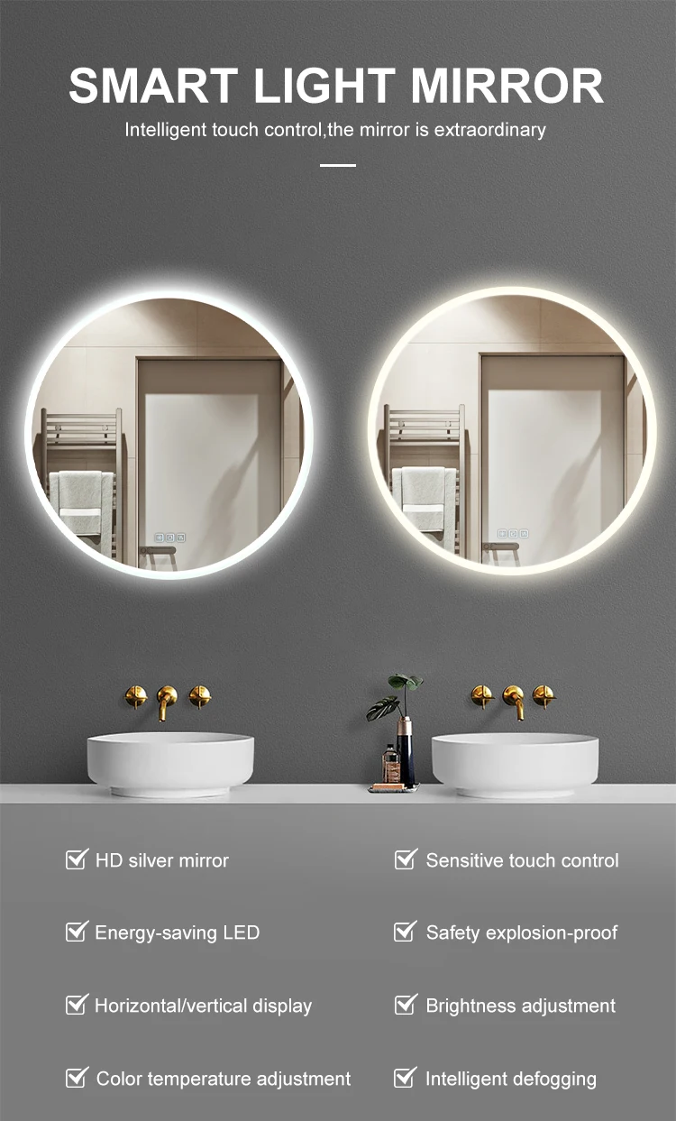 Modern Big Round Mirror Smart Adjustable Brightness Vanity Modern Style