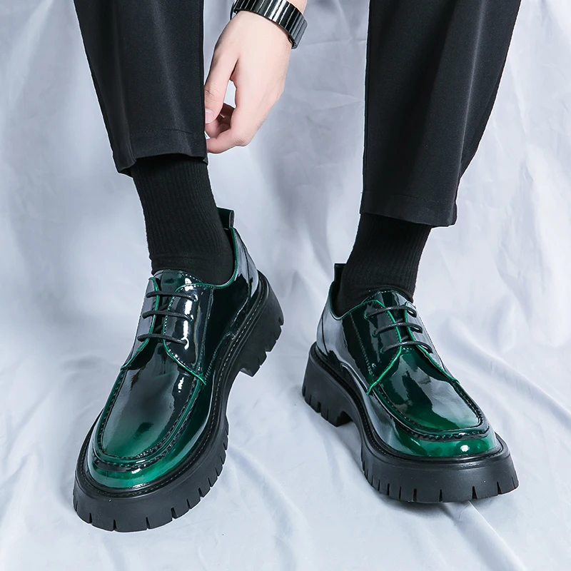 Mens Patent Leather Dress Shoes Black Green Color Thick Sole Durable Fancy  Lace up Wedding Oxfords