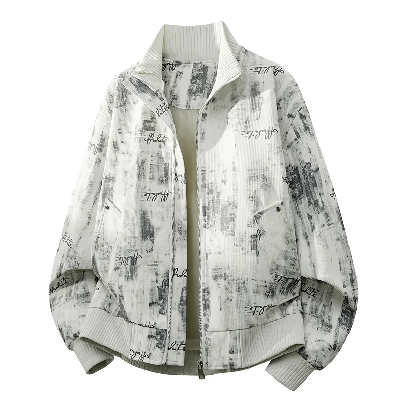 Retro tie-dye letter print jacket, 60% PU, 40% polyester, casual windproof coat.
