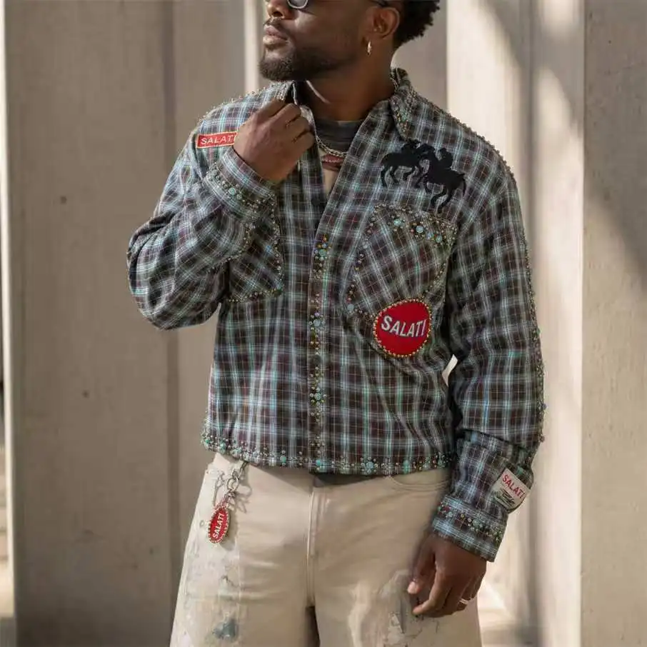 Wholesale Rhinestone Plaid Shirt Men Studded Horse Embroidery Long Sleeve Button up Western Y2K Streetwear Men Plaid Shirts gallery 7