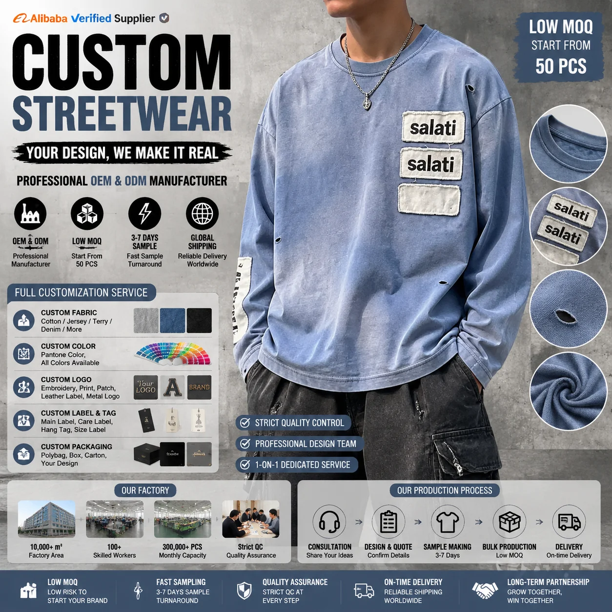 Custom Trendy Streetwear Oversized Long Sleeve Acid Wash Faded Patch Detail Distressed Men Women Cotton Fast Sample T-shirt gallery 7